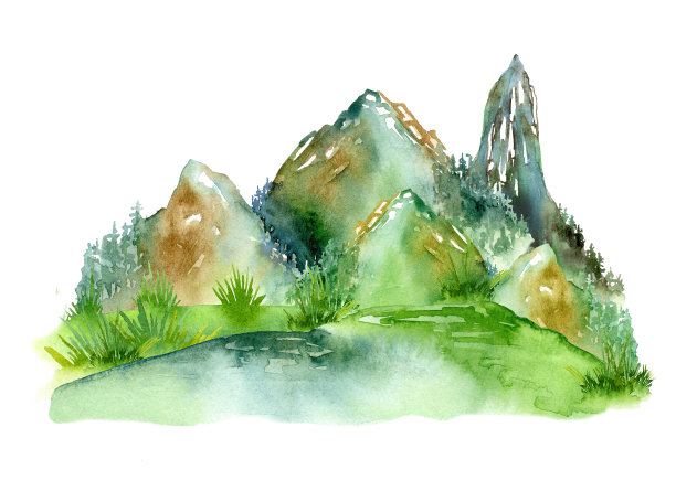 手绘水彩自然，田野和山脉插图。露营，户外娱乐。图片下载