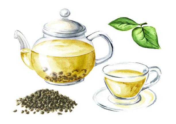 玻璃透明茶壶和杯子一套，与火药茶。手绘水彩插图孤立的白色背景图片下载