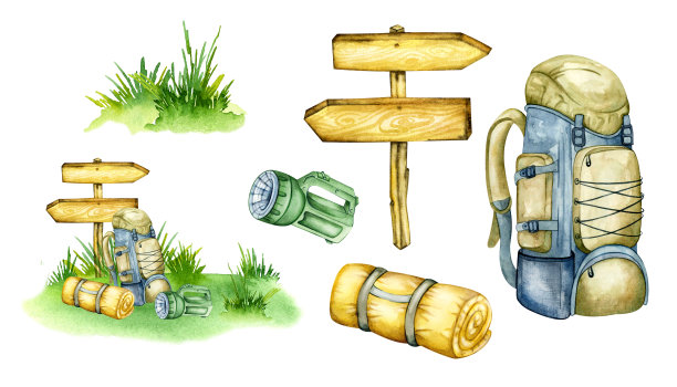 露营，户外娱乐，在田野里，在山上。露营装备，背包，烧烤，篝火手绘水彩插画。图片下载