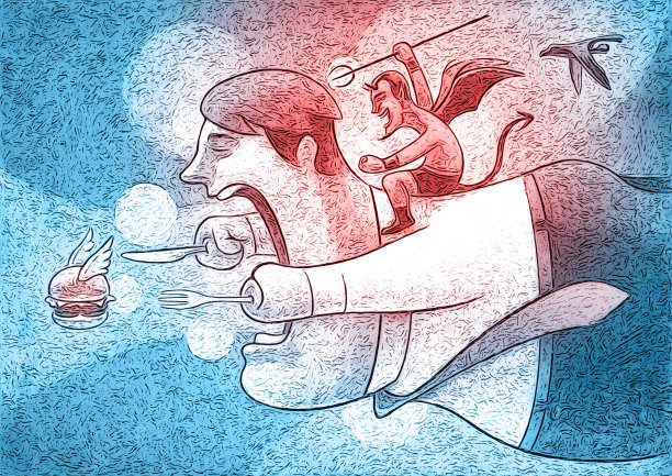 红色邪恶骑着饥饿的商人追逐飞翔的汉堡包图片下载