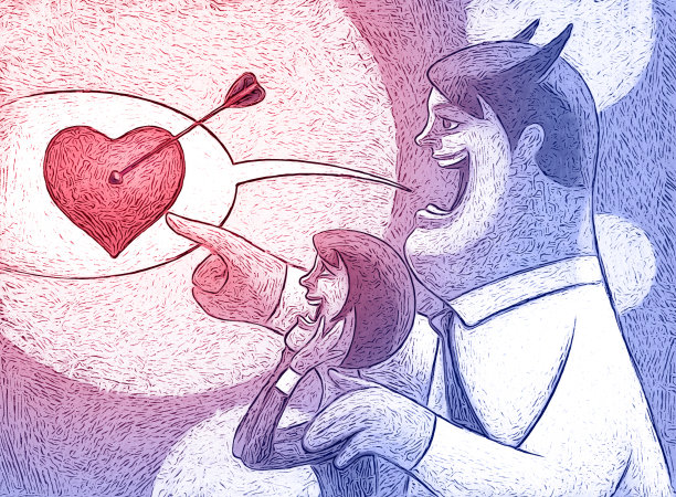 邪恶的男人拥抱女人，用箭指着心脏图片下载