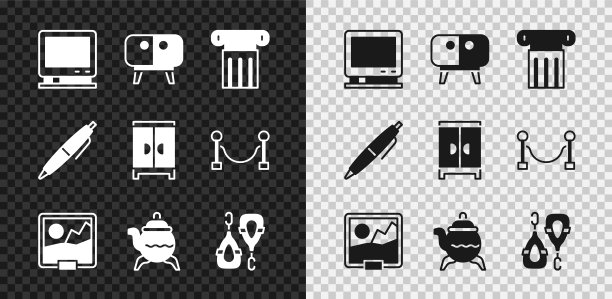 集复古电视，电视桌架，古代柱，图片，经典茶壶，耳环，钢笔和衣柜图标。向量图片下载