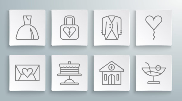 套线信封与情人节的心，锁和，蛋糕上的盘子，教堂建筑，鸡尾酒，西装，气球形式和妇女服装图标。向量图片下载