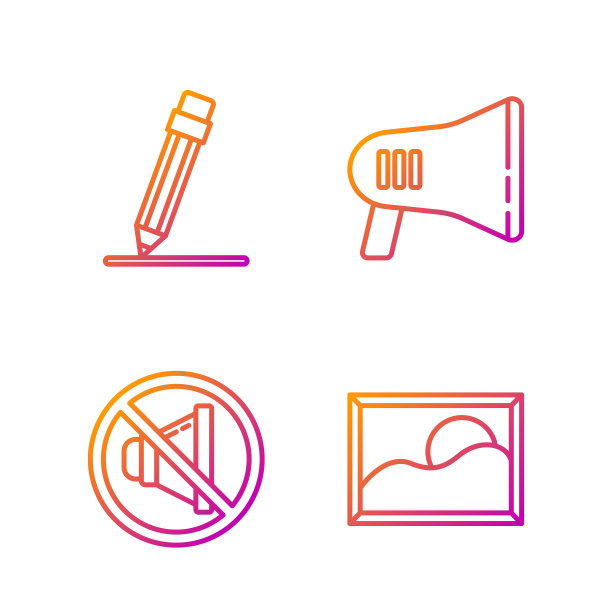 设置线路图片横向，扬声器静音，铅笔带橡皮擦和扩音器。渐变颜色图标。向量图片下载