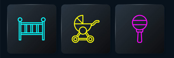 产品系列:婴儿床、摇篮床、摇铃玩具、婴儿车。黑色方形按钮。向量图片下载