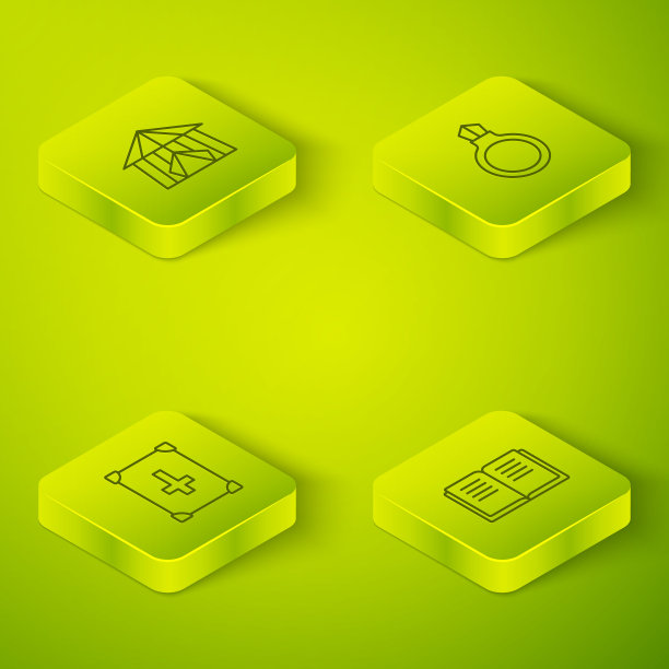 集等距线魔法石戒指与宝石，古老的魔法书，和马戏团帐篷的图标。向量图片下载