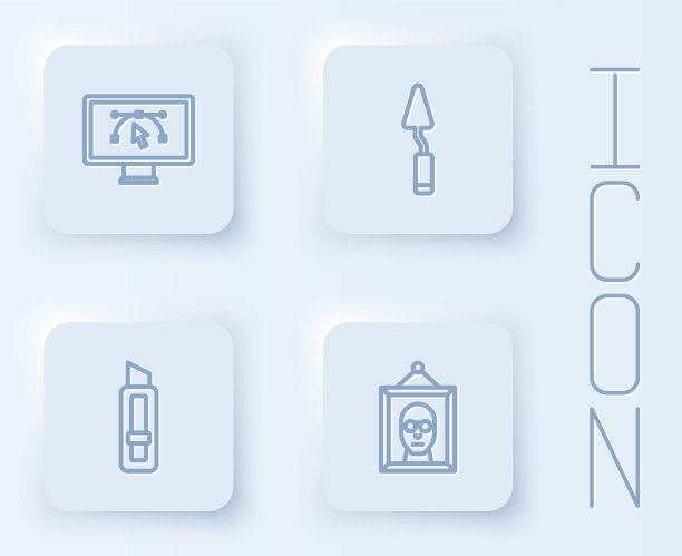 配备电脑设计程序、调色刀、文具、图片。白色方形按钮。向量图片下载