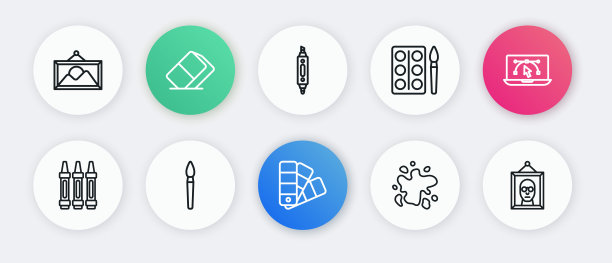 设置线调色板指南，电脑与设计程序，蜡笔绘画，油漆喷雾，水彩颜料盒，记号笔，图片和刷子图标。向量图片下载