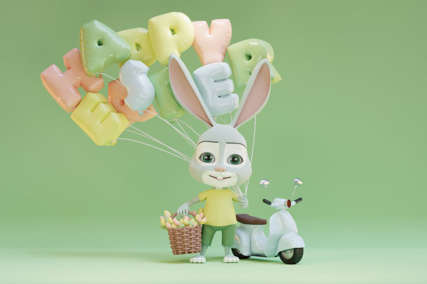 带着复活节篮子的可爱兔子就在摩托车旁边。三维渲染图片下载