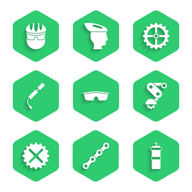 集运动自行车太阳镜，自行车链，瓶子与水，变速器自行车后方，链轮曲柄，气泵，和头盔图标。向量图片下载