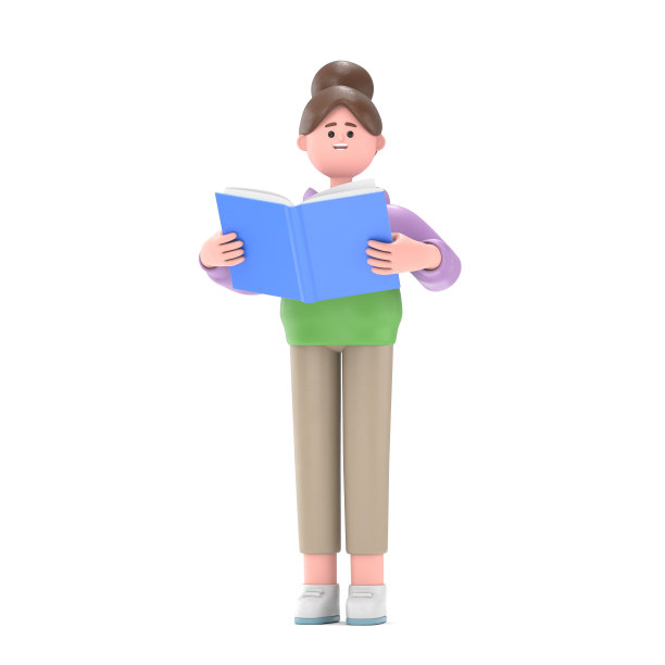 亚洲女孩Renae的3D插图与书。学习的概念。白色背景的3D渲染。图片下载