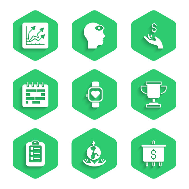 集智能手表，世界扩张，目标与美元，奖励杯，上市计划，日历，手持硬币钱和金融增长增加图标。向量图片下载