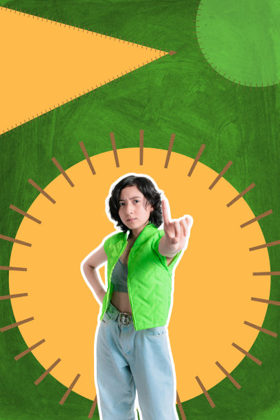 年轻女孩在彩色背景上用手指说不，这是社交网络的横幅。图片下载