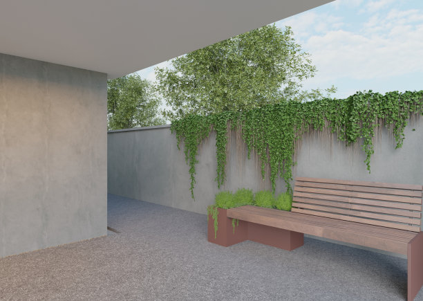 在墙上放一张长凳，上面长着藤蔓。长凳是木制的，坐落在一个院子里。三维渲染图片下载