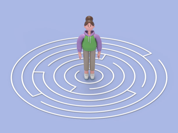 亚洲女孩Renae站在迷宫中心的3D插图。艺术概念描绘挑战，寻找出路，逃避，障碍，解决问题，解决问题。图片下载