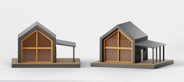 郊区或城市的房子与露台前和角度视图模型。现代建筑外观，全景窗户。等距三维模型住宅物业，小别墅或别墅图标图片下载