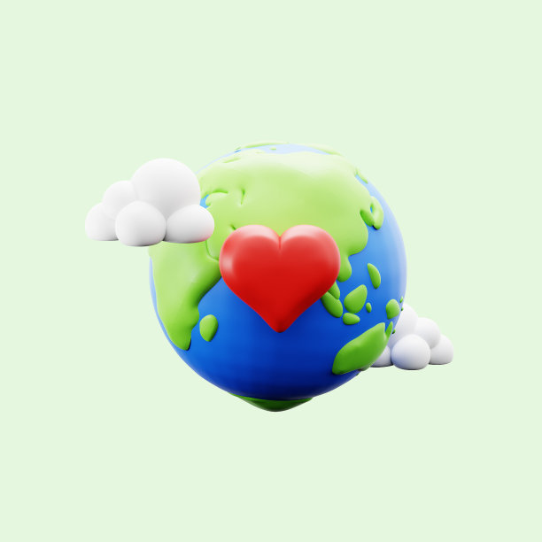 地球行星与爱心和云符号保护和生态运动概念三维图标插图渲染设计图片下载