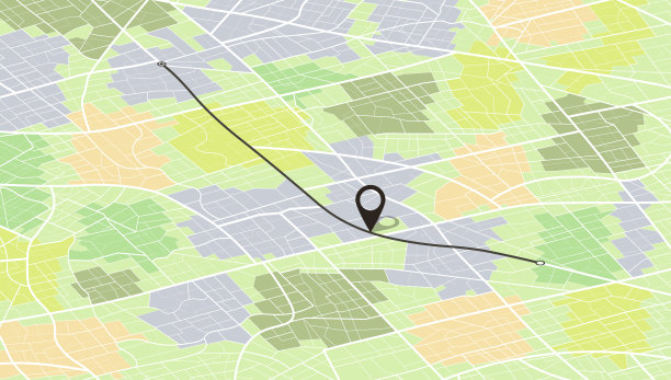 位置跟踪仪表板。等距城市街道道路。城市街道和街区，路线距离数据，路径转弯和目的地标签或标记。巨大的城市俯视图。图片下载