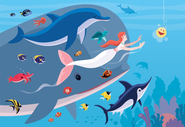 美人鱼寻找笑脸图标与海洋生物的朋友图片下载