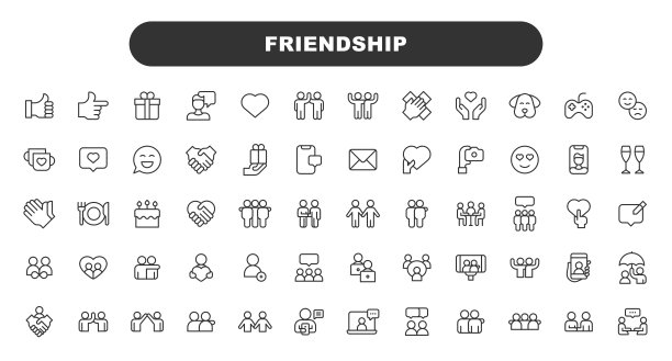 友情线图标。可编辑的中风。包含如下图标:朋友，聚会，握手，邀请，贺卡，粘合，心理健康，击掌，视频通话，宠物，情侣，关系，自拍，爱情，碰拳。图片下载