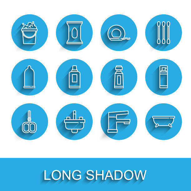 设置线指甲剪刀，洗脸盆水龙头，桶肥皂泡沫，水，浴缸，瓶清洗剂，剃须啫喱泡沫和牙膏管图标。向量图片下载