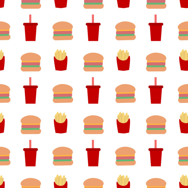 垃圾食品无缝模式。薯条、汉堡包和苏打甜饮料。快餐背景。简单的涂鸦，手绘壁纸。平面矢量插图。图片下载