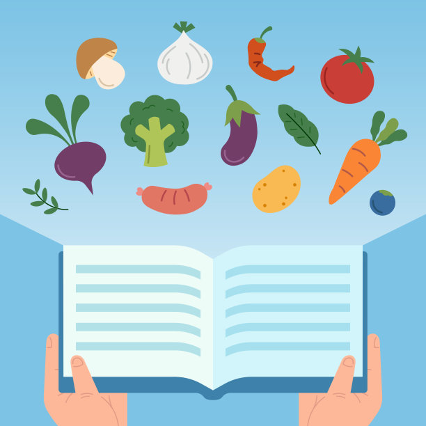 俯视图的卡通食谱在桌子上的手围绕着食物原料图片下载