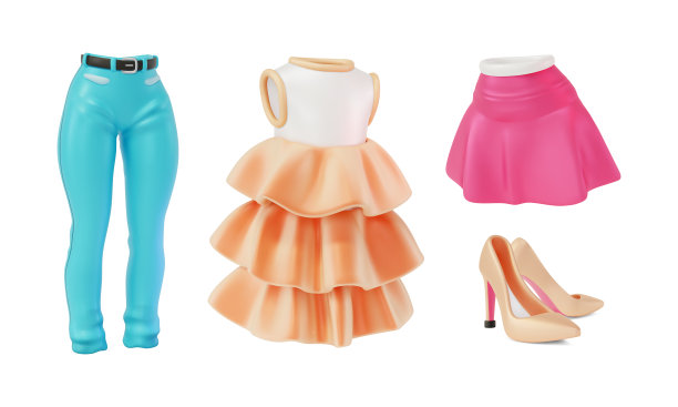 3d不同的女性服装集卡通设计风格。向量图片下载