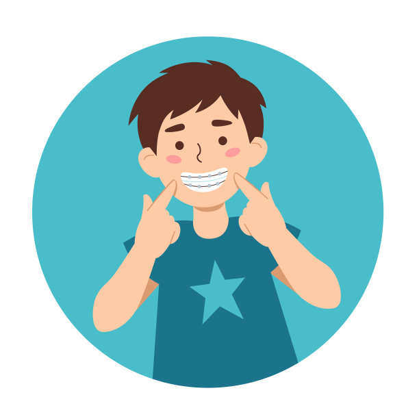 矢量平面插图卡通孩子男孩指向他的牙套。图片下载