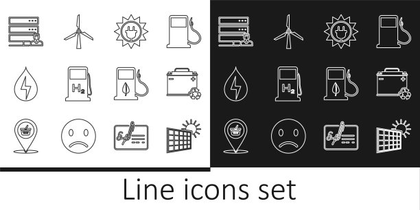 太阳能电池板和太阳，汽车电池与回收，加氢站，水，客户服务服务器，生物燃料加油喷嘴和风力涡轮机图标。向量图片下载