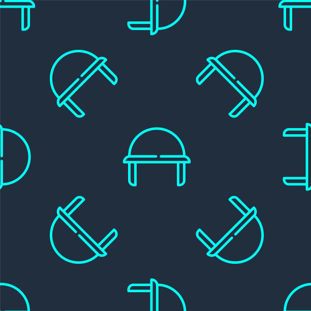 绿线军事头盔图标隔离无缝图案在蓝色背景。军帽象征防御和保护。防护帽。向量图片下载