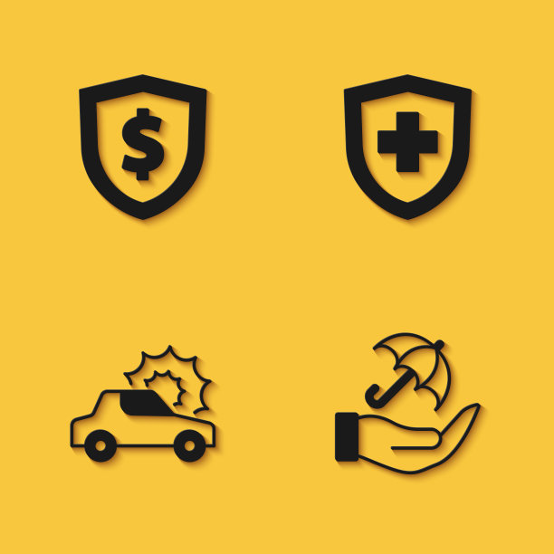 设置盾牌与美元，伞在手，汽车保险和生活盾牌图标长阴影。向量图片下载