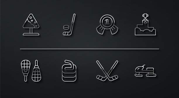 设置线道路标志雪崩，雪鞋，获奖领奖台，冰球棒，石冰壶，和冰球，雪地摩托和奖牌图标。向量图片下载