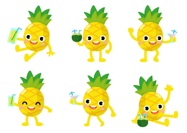 菠萝喝鸡尾酒，橙汁，椰子水，有趣的菠萝你好夏天图片下载