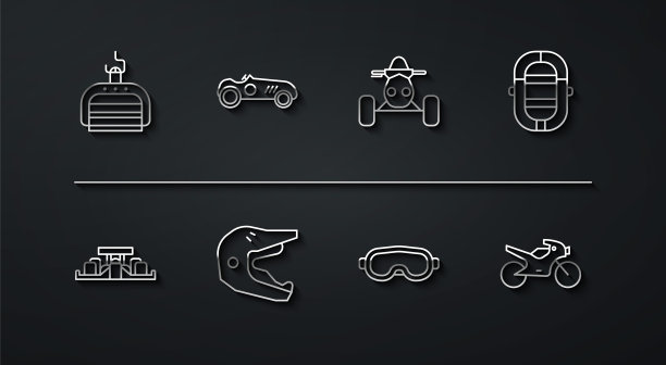 集线滑雪升降机，一级方程式赛车，漂流船，护目镜，摩托车越野摩托车头盔，复古运动，摩托车和亚视图标。向量图片下载