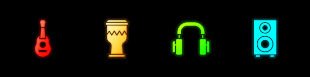 设置吉他，鼓，耳机和立体声扬声器图标。向量图片下载