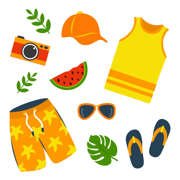 矢量集夏天的沙滩服装。沙滩度假的t恤和短裤，休闲的配饰。图片下载