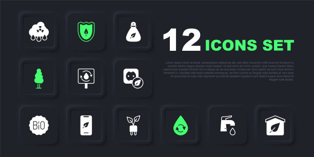 设置水龙头，生态友好的房子，回收清洁水，树，手机与树叶，盾牌和电力节约插头图标。向量图片下载