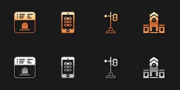 集售票处购票，在线购买火车，火车交通灯和火车站图标。向量图片下载