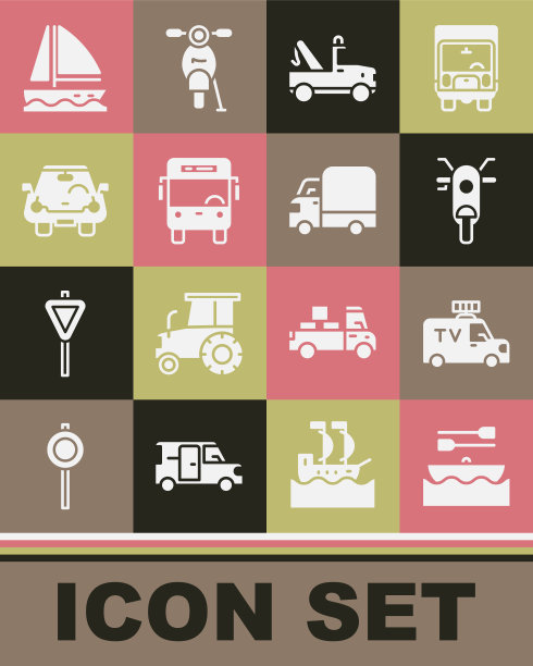 集船与桨，电视新闻车，摩托车，拖车，公共汽车，汽车，游艇帆船和交付货物图标。向量图片下载