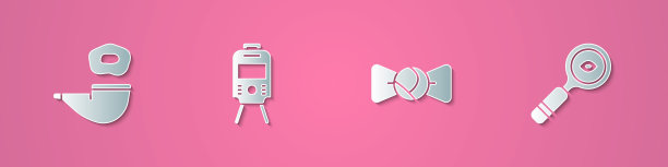 剪纸烟筒，电车和铁路，领结和放大镜图标。纸艺风格。向量图片下载