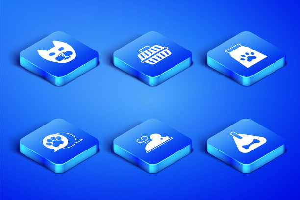 集狗项圈，猫，发条鼠标，爪印，宠物手提箱和食品袋的宠物图标。向量图片下载