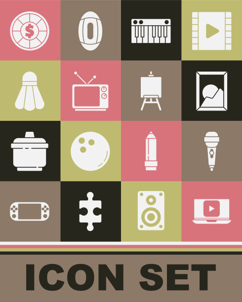 设置在线播放视频，麦克风，图片景观，音乐合成器，复古电视，羽毛球羽毛球，赌场筹码和画架或绘画艺术板图标。向量图片下载