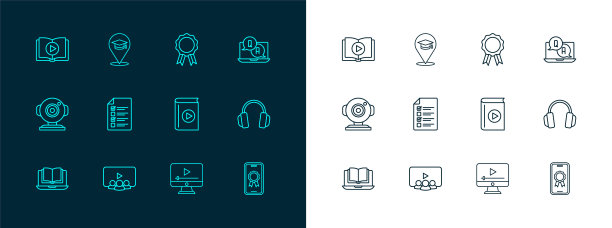 设置在线问答，在线课程，有声读物，播放视频，测验，测试，调查，文凭教育和图标。向量图片下载