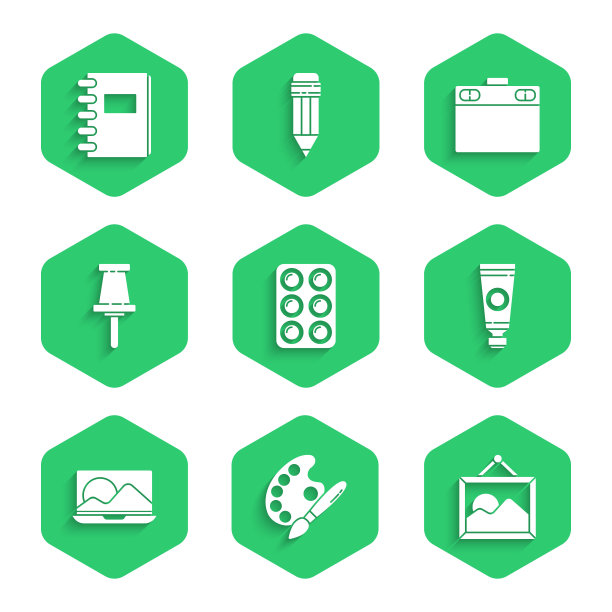 集水彩画在盒，油漆刷调色板，图片景观，管，笔记本电脑，推销，图形平板电脑和螺旋笔记本图标。向量图片下载