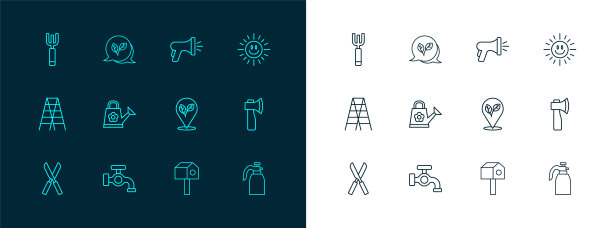 设置线太阳，水龙头，位置与叶子，鸟的房子，喷壶，花园软管，干草叉和叶子图标。向量图片下载