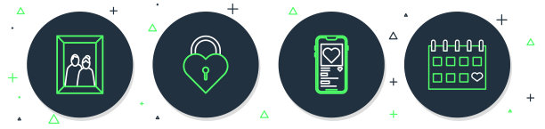 设置线城堡在心脏的形状，移动与，相框和日历图标。向量图片下载