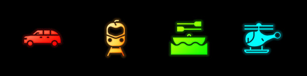 集掀背车，火车和铁路，船与桨和直升机图标。向量图片下载