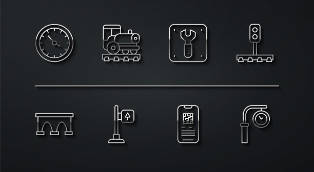 设置线路火车站时钟、火车桥、交通信号灯、电子票务、道路路标、老式机车、铁路图标维修。向量图片下载
