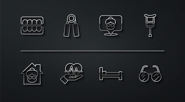 假颌，养老院，拐杖或拐杖，床，心率，运动扩展器，眼镜和图标。向量图片下载